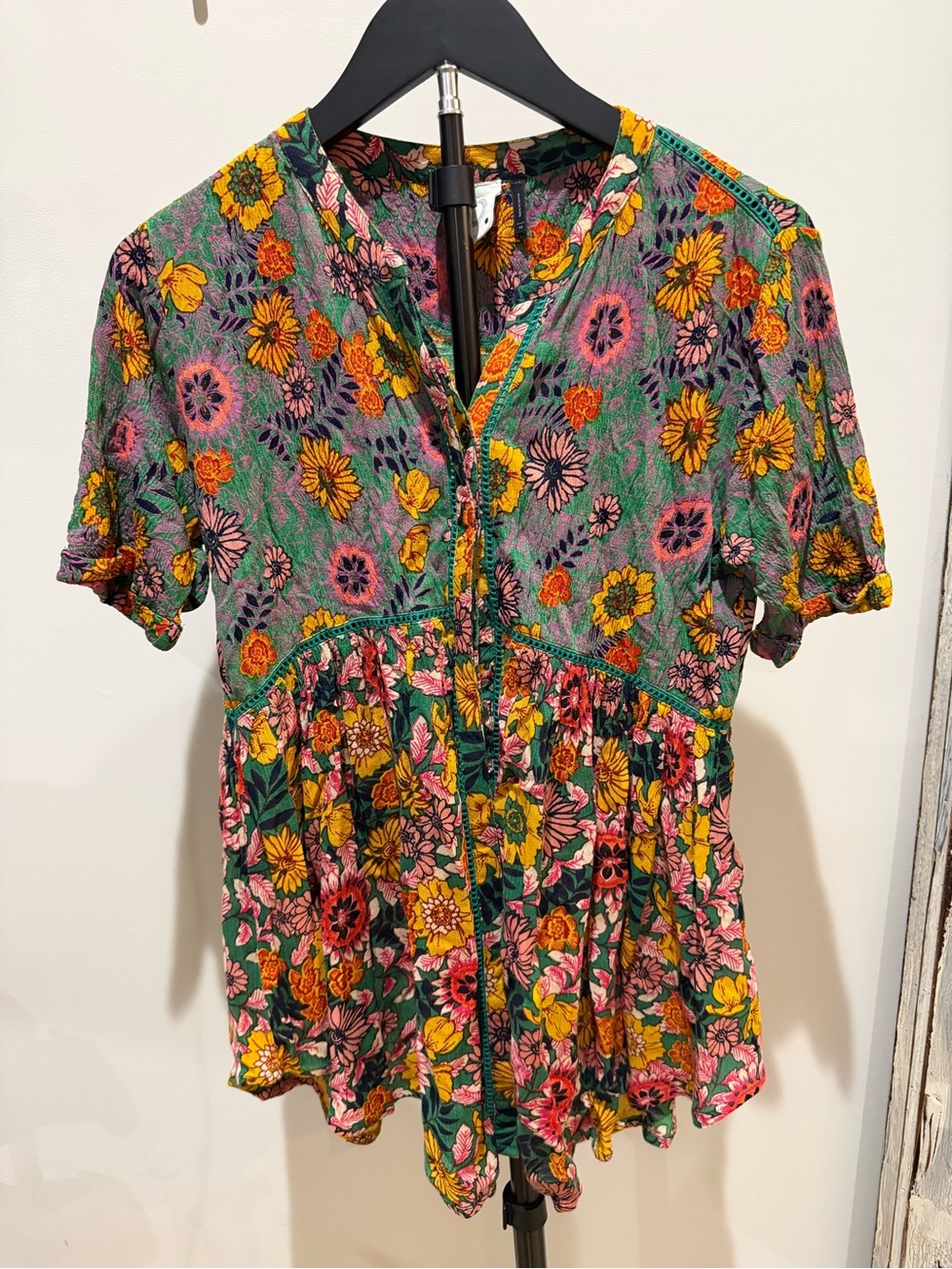 Anthropologie Floral Button-Front Peplum Top - Green, Yellow & Pink